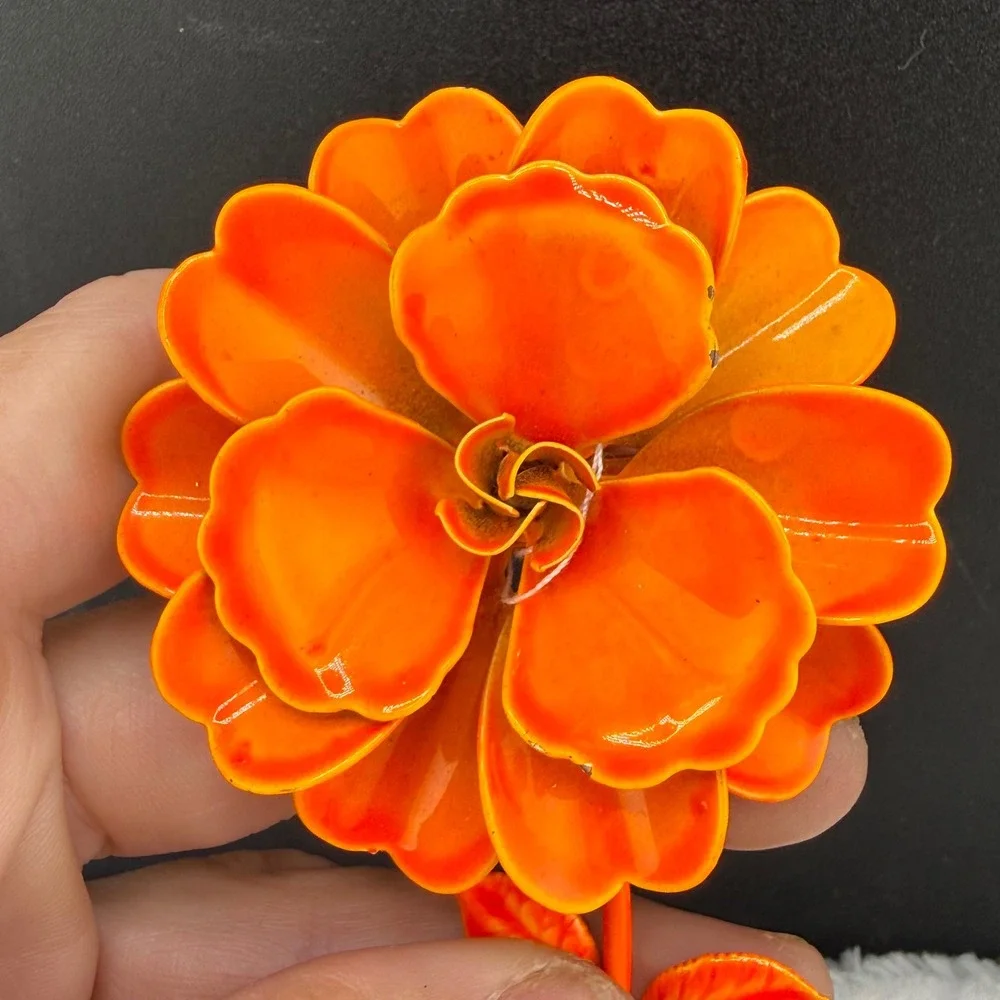 Vintage Enamel Flower Brooch Mod Pop Orange Layered Petal Retro